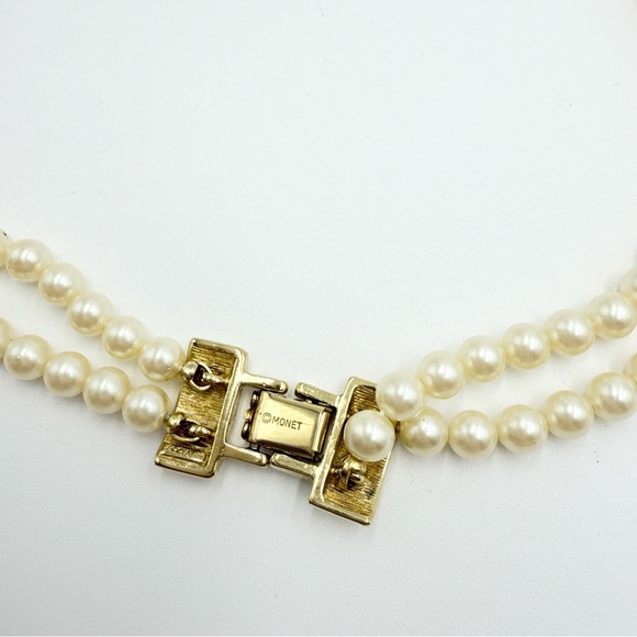 Vintage Monet Gold Tone accents and Faux Pearls Beads 2 Strand Necklace - Picture 7 of 8